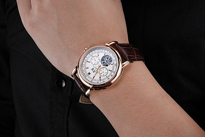 Patek Philippe Geneve Grand Complications White Dial Tourbillon Rose Gold Bezel Brown Band new118607