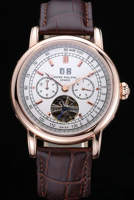 Patek Philippe Geneve Grand Complications White Dial Tourbillon Rose Gold Bezel Brown Band new118607