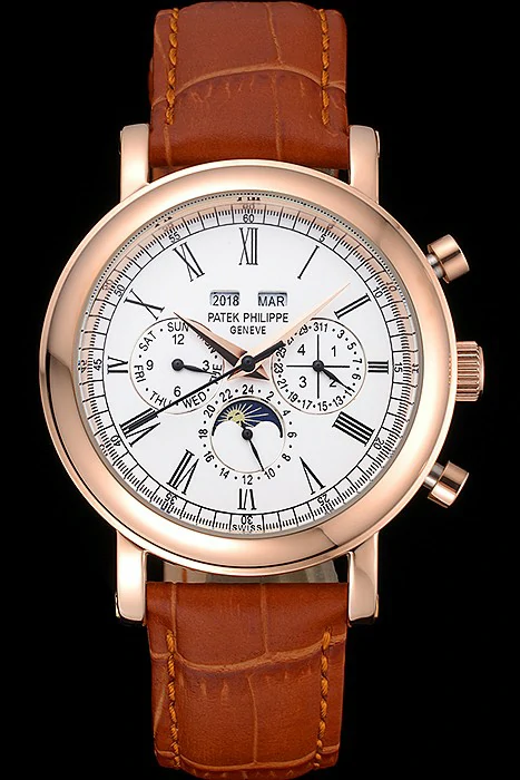 Patek Philippe Grand Complications Perpetual Calendar White Dial Brown Leather Bracelet new11911