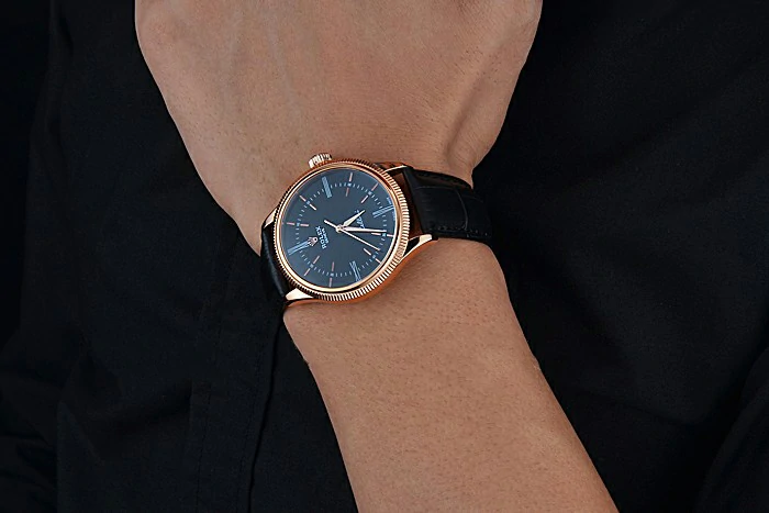 Rolex Cellini Time Rose Gold Case Black Dial Black Leather Bracelet new119934