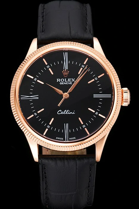 Rolex Cellini Time Rose Gold Case Black Dial Black Leather Bracelet new119934