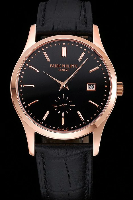 Patek Philippe Calatrava Black Dial Rose Gold Case Black Leather Strap new120805