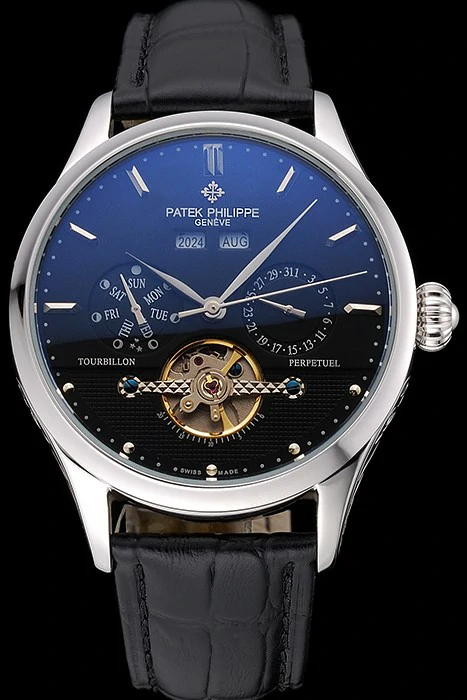 Patek Philippe Day Date Tourbillon Black Dial Stainless Steel Case Black Leather Strap new120812