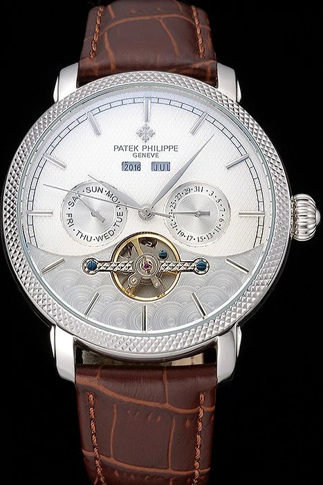 Patek Philippe Day Date Tourbillon White Dial Stainless Steel Case Embossed Bezel Brown Leather Strap new120814