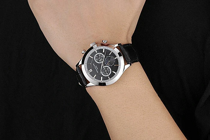 Patek Philippe Moonphase Black Dial Stainless Steel Case Black Leather Strap new120815