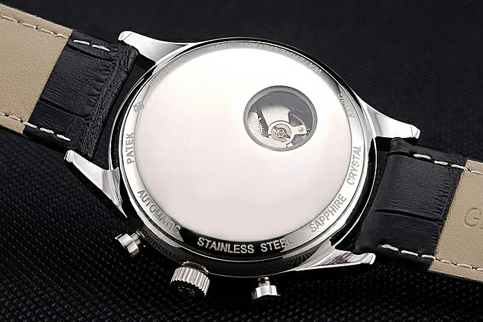 Patek Philippe Moonphase Black Dial Stainless Steel Case Black Leather Strap new120815