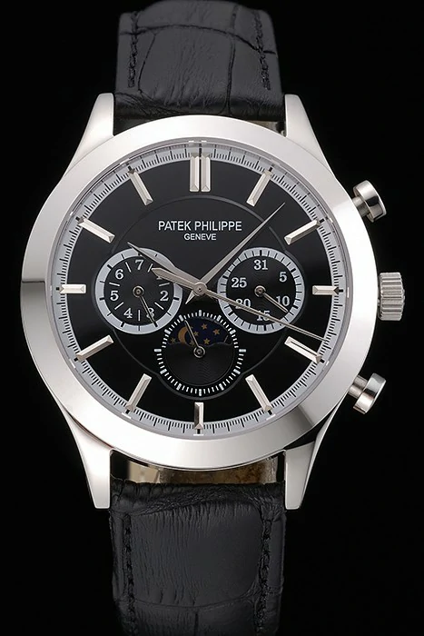 Patek Philippe Moonphase Black Dial Stainless Steel Case Black Leather Strap new120815