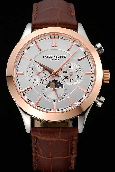 Patek Philippe Moonphase White Dial Gold Case Brown Leather Strap new120816