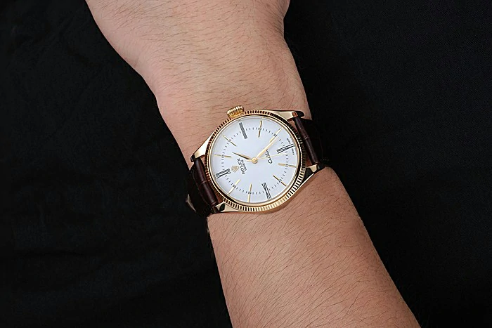 Rolex Cellini White Dial Gold Case Brown Leather Strap new120976