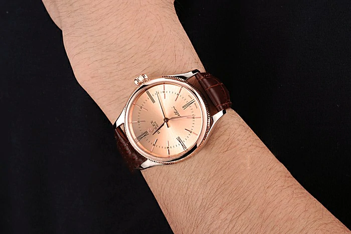 Rolex Cellini Gold Dial And Bezel Stainless Steel Case Brown Leather Strap new120983