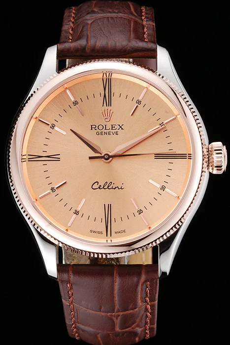 Rolex Cellini Gold Dial And Bezel Stainless Steel Case Brown Leather Strap new120983