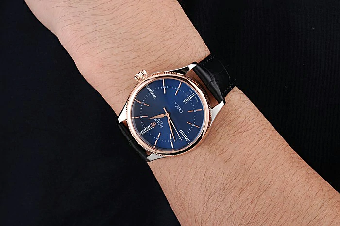 Rolex Cellini Blue Dial Gold Bezel Stainless Steel Case Black Leather Strap new120984
