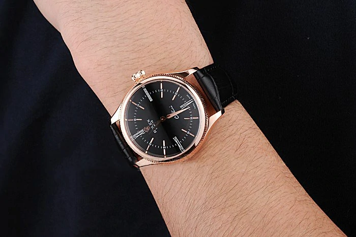 Rolex Cellini Black Dial Pink Gold Case Black Leather Strap new120985