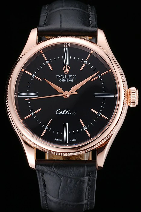 Rolex Cellini Black Dial Pink Gold Case Black Leather Strap new120985