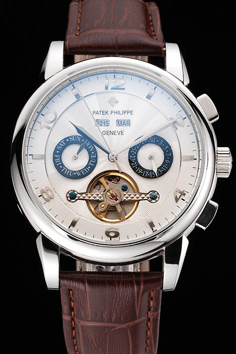 Patek Philippe Classic Tourbillon Power Reserve Black And White Dial Stainless Steel Case Brown Leather Strap new121075