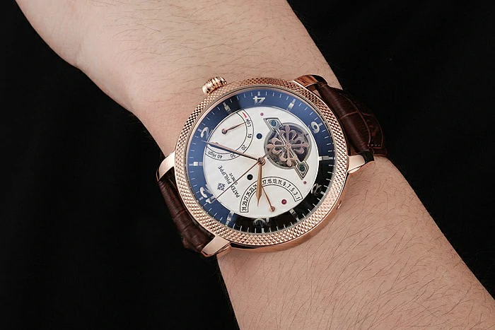 Patek Philippe Classic Tourbillon Power Reserve Black And White Dial Rose Gold Case Brown Leather Strap new121076