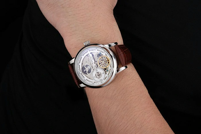 Patek Philippe Dual Time Moonphase Tourbillon White Skeletonised Dial Stainless Steel Case Brown Leather Strap new121078