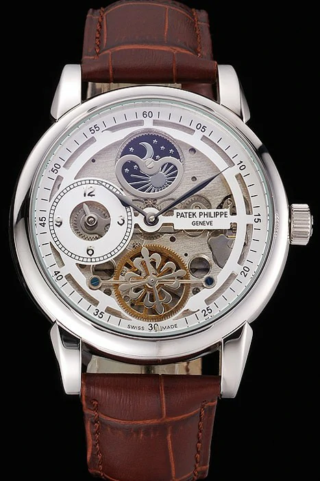 Patek Philippe Dual Time Moonphase Tourbillon White Skeletonised Dial Stainless Steel Case Brown Leather Strap new121078