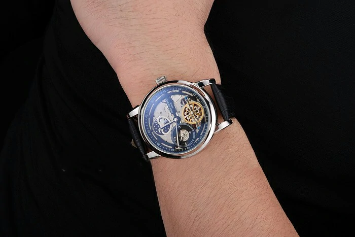 Patek Philippe Dual Time Moonphase Tourbillon Black Skeletonised Dial Stainless Steel Case Black Leather Strap new121079