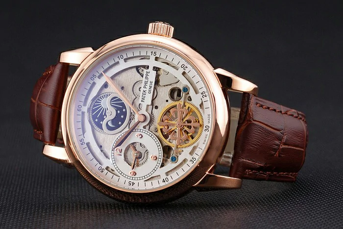 Patek Philippe Dual Time Moonphase Tourbillon White Skeletonised Dial Rose Gold Case Brown Leather Strap new121080