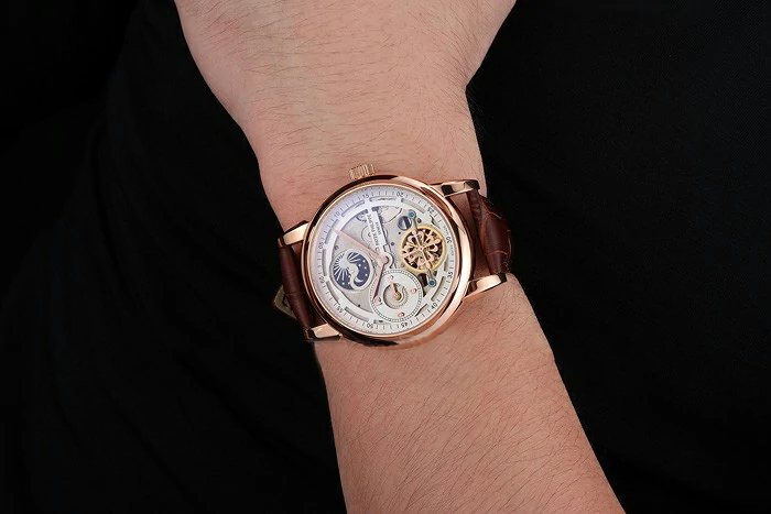 Patek Philippe Dual Time Moonphase Tourbillon White Skeletonised Dial Rose Gold Case Brown Leather Strap new121080