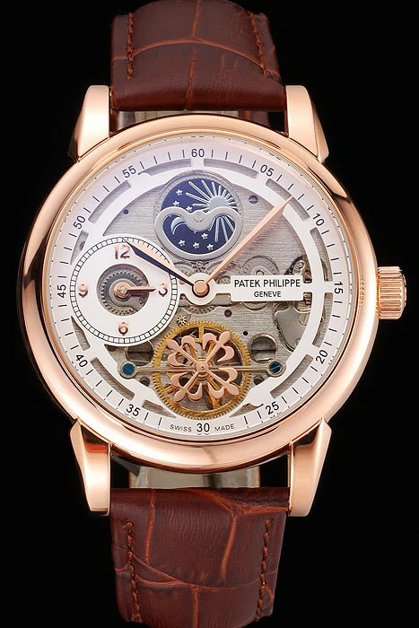 Patek Philippe Dual Time Moonphase Tourbillon White Skeletonised Dial Rose Gold Case Brown Leather Strap new121080