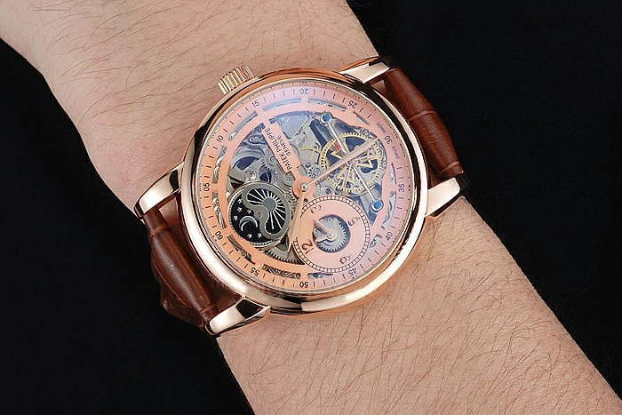 Patek Philippe Dual Time Moonphase Tourbillon Gold Skeletonised Dial Rose Gold Case Brown Leather Strap new121081