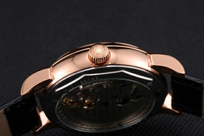 Patek Philippe Dual Time Moonphase Tourbillon Black Skeletonised Rose Gold Case Black Leather Strap new121082