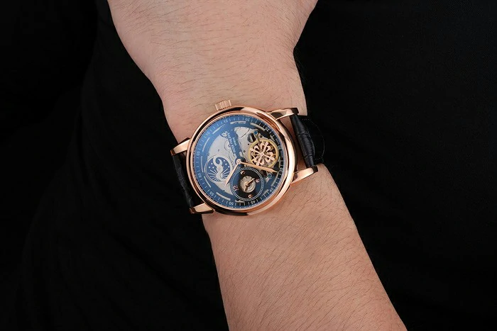 Patek Philippe Dual Time Moonphase Tourbillon Black Skeletonised Rose Gold Case Black Leather Strap new121082