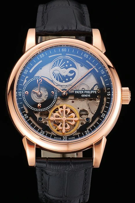 Patek Philippe Dual Time Moonphase Tourbillon Black Skeletonised Rose Gold Case Black Leather Strap new121082