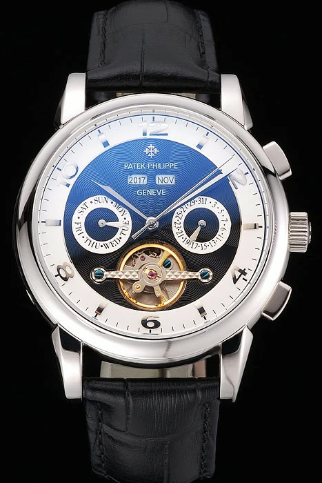 Patek Philippe Perpetual Calendar Tourbillon Two Tone Dial Stainless Steel Case Black Leather Strap new121084