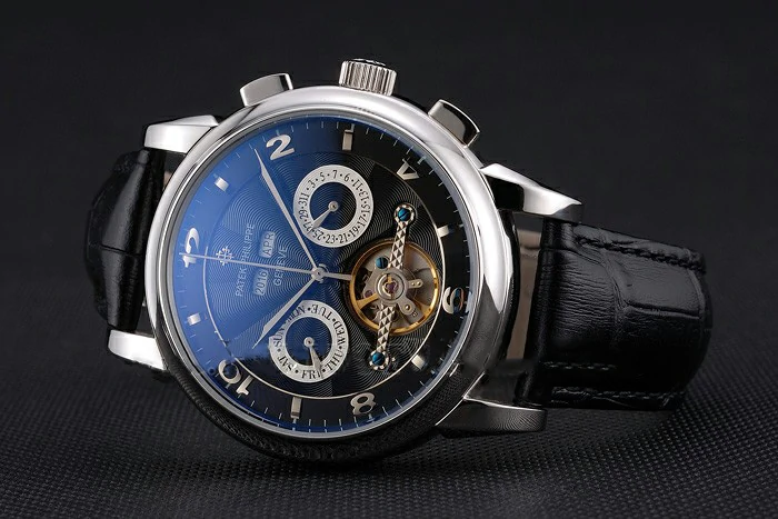 Patek Philippe Perpetual Calendar Tourbillon Black Dial Stainless Steel Case Black Leather Strap new121085