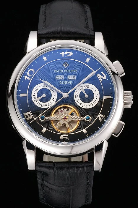 Patek Philippe Perpetual Calendar Tourbillon Black Dial Stainless Steel Case Black Leather Strap new121085