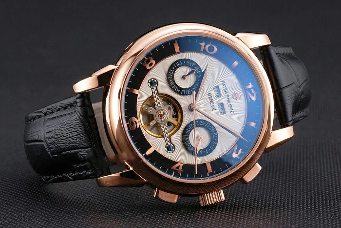 Patek Philippe Perpetual Calendar Tourbillon Two Tone Dial Rose Gold Case Black Leather Strap new121086