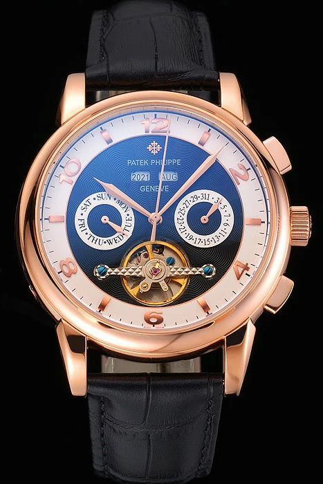 Patek Philippe Perpetual Calendar Tourbillon Black And White Dial Rose Gold Case Black Leather Strap new121087