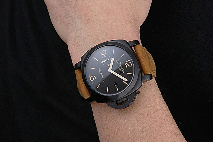 Panerai Luminor Marina Black Dial Matte Black Steel Case Brown Suede Leather Strap new121406