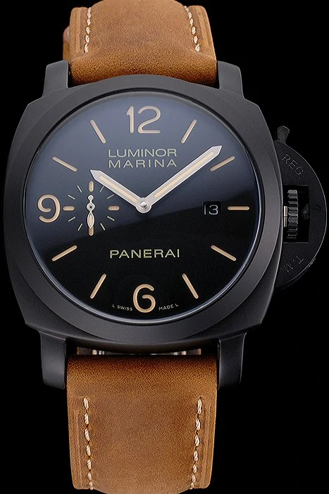 Panerai Luminor Marina Black Dial Matte Black Steel Case Brown Suede Leather Strap new121406