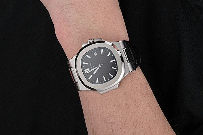 Patek Philippe Nautilus Black Dial Brushed Stainless Steel Case Black Leather Strap new121408