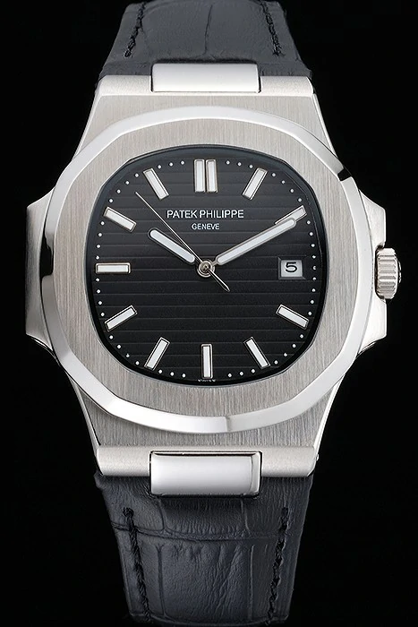 Patek Philippe Nautilus Black Dial Brushed Stainless Steel Case Black Leather Strap new121408