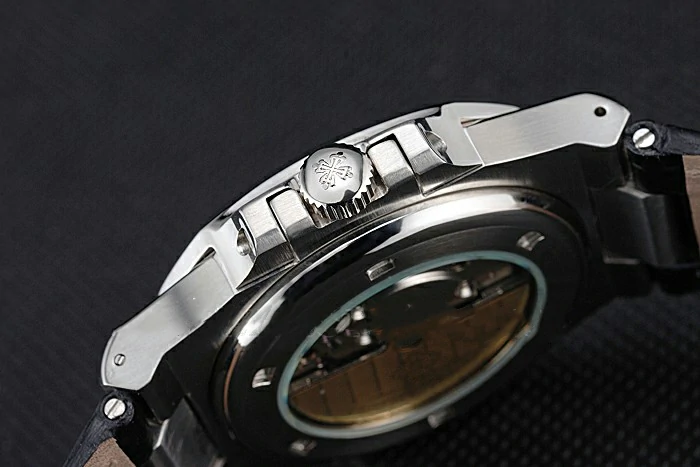 Patek Philippe Nautilus White Dial Brushed Stainless Steel Case Black Leather Strap new121409