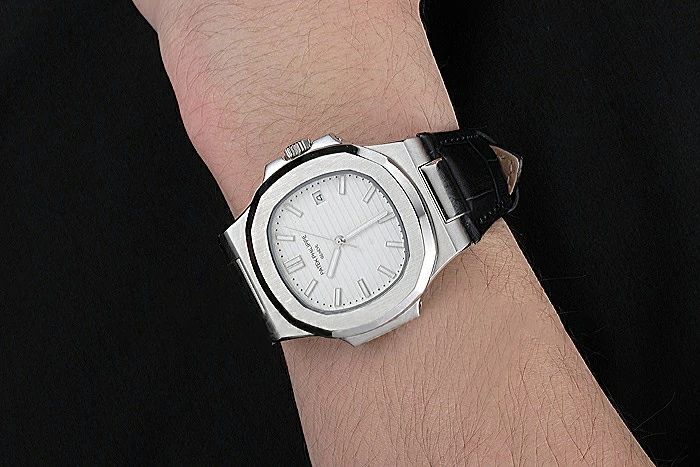 Patek Philippe Nautilus White Dial Brushed Stainless Steel Case Black Leather Strap new121409