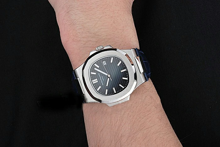 Patek Philippe Nautilus Blue Dial Brushed Stainless Steel Case Blue Leather Strap new121410