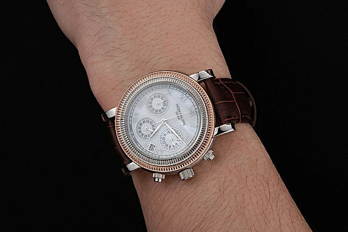 Patek Phillipe Grand Complications Hobnail Bezel Roman Numerals Brown Leather Strap new121413