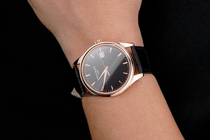 Patek Philippe Calatrava Black Dial Rose Gold Case Black Leather Strap new121576