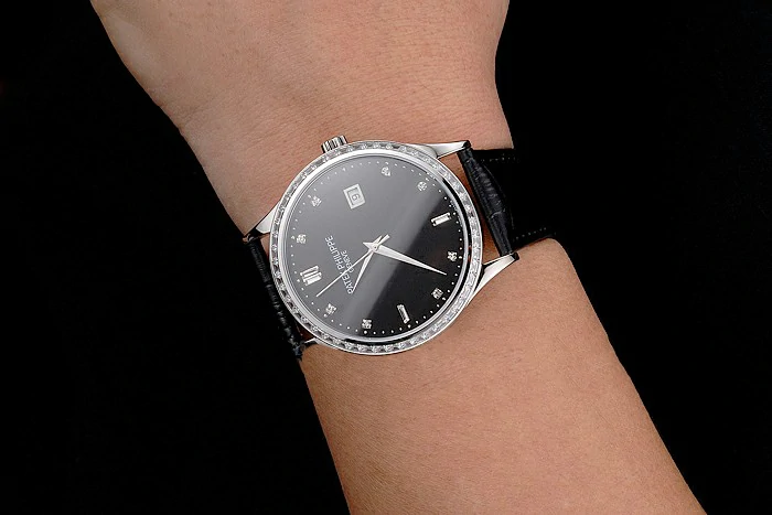 Patek Philippe Calatrava Black Dial Diamond Bezel Stainless Steel Case Black Leather Strap new121581
