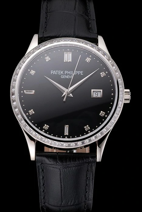Patek Philippe Calatrava Black Dial Diamond Bezel Stainless Steel Case Black Leather Strap new121581