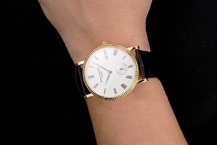 Patek Philippe Calatrava White Dial Gold Case Fluted Bezel Black Leather Strap new121582