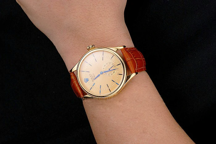 Rolex Cellini Gold Dial Blue Markings Gold Case Light Brown Leather Strap new121587