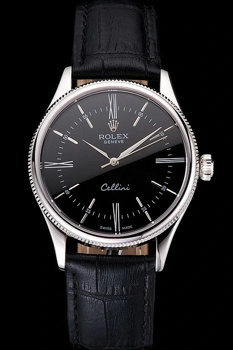 Rolex Cellini Black Dial Roman Numerals Stainless Steel Case Black Leather Strap new121597