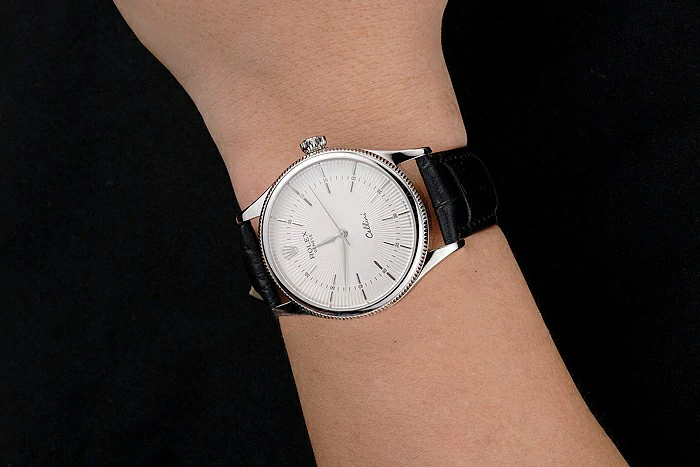 Rolex Cellini White Guilloche Dial Stainless Steel Case Black Leather Strap new121599